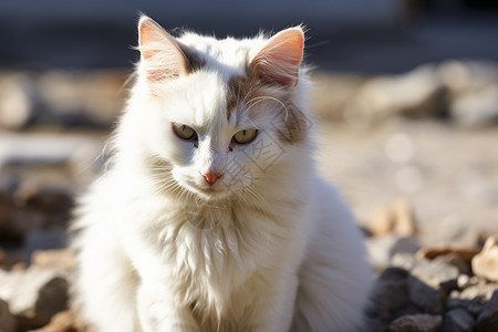 石头上的猫白猫坐石头上背景