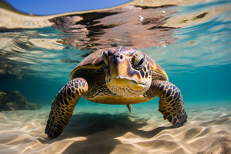 海洋下的海龟与蓝天图片