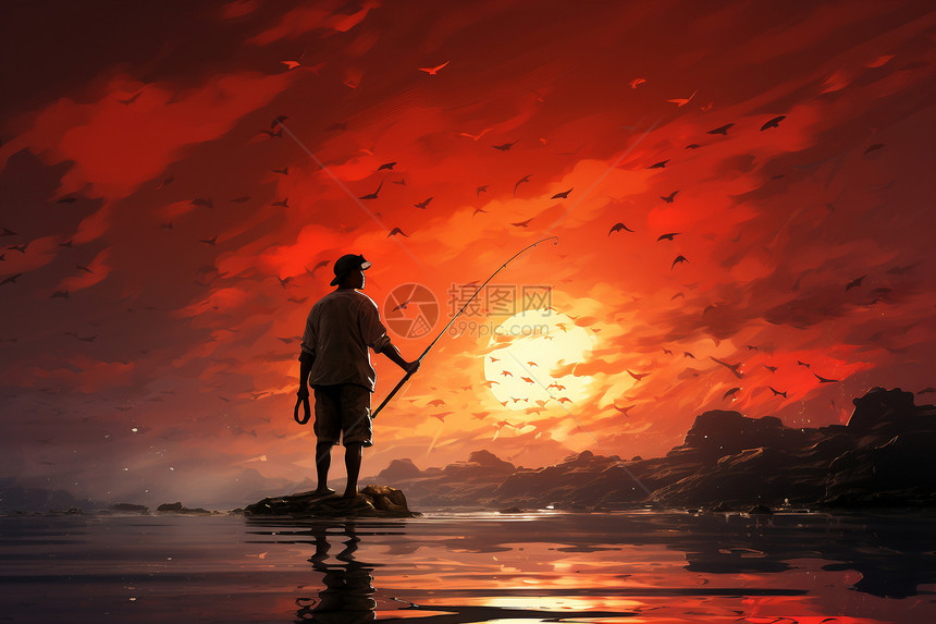 日落时湖边钓鱼的男子图片