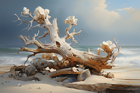 枯树木简约美海滩上的树干和贝壳插画