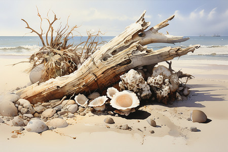朱美拉海滩海滩上的树干和贝壳插画