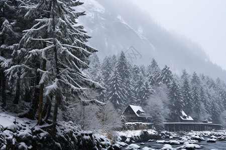 手绘房屋的积雪雪中的乡村景色背景