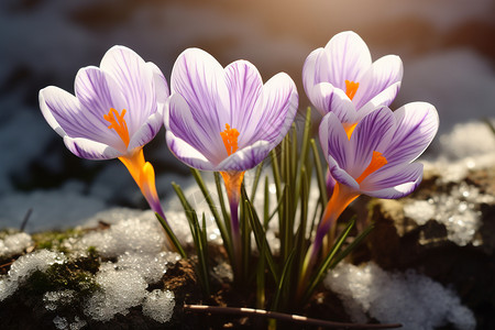 三朵紫花雪中盛开的蓝紫花背景