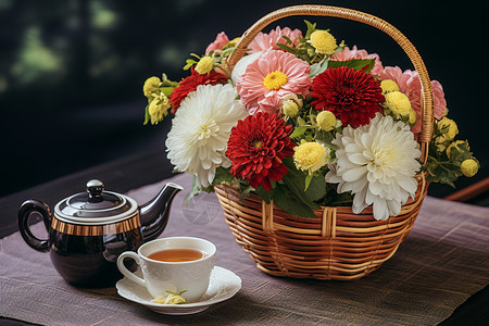 风雅木桌上的花篮与茶杯背景