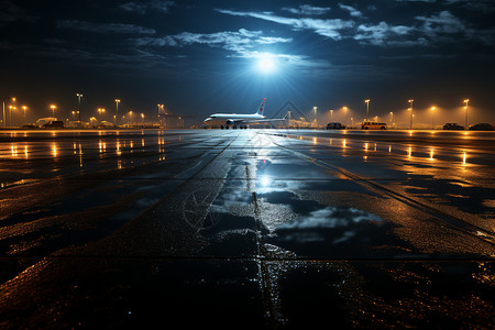 夜晚机场跑道上的飞机图片