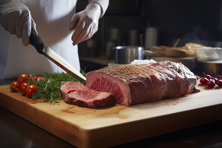 准备牛肉烹饪食材的厨师高清图片
