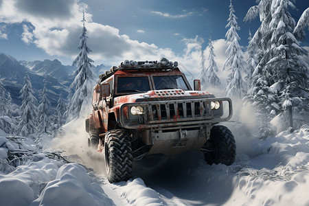 冬天山间遨游雪山林间的SUV设计图片