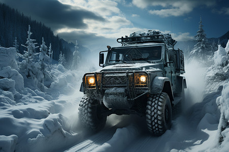 冬天卡车冬季雪山中冰雪探险的SUV设计图片