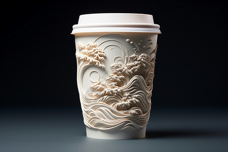 C4D立体风宋代山水画风的咖啡杯背景