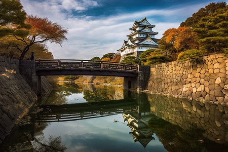大阪城堡平静秋日里的古城背景