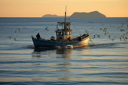 渔船打鱼海洋中出海打鱼的渔船背景