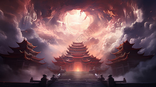 云顶神殿仙鹤飞舞的创意插图背景图片