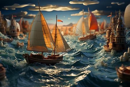 海浪中航行的帆船背景图片