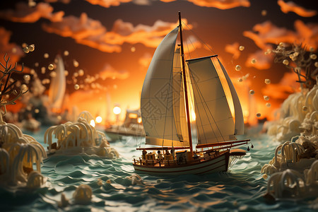 创意微型帆船艺术插图图片