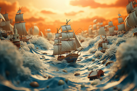 创意美感海浪中的帆船背景图片