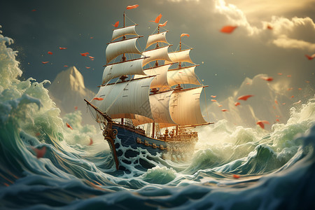 行背景美感海浪中航行的帆船插画