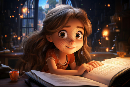 3D阅读书本的小女孩插图图片
