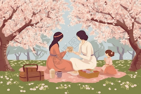 春天樱花树下露营的女子图片