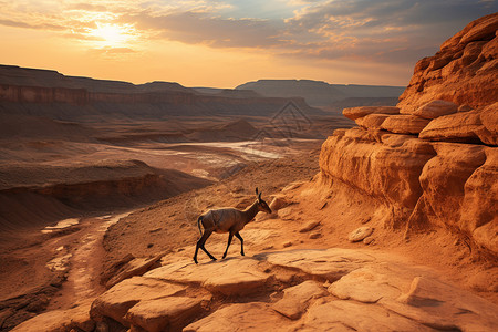 沙漠悬崖行走的山羊图片