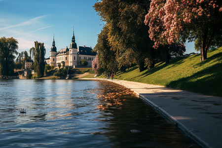 欧洲城市的湖边公园高清图片
