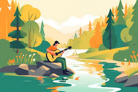 宁静森林河畔弹奏吉他的男子背景图片