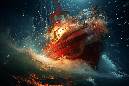 夜晚渔船汹涌海浪中的渔船插画