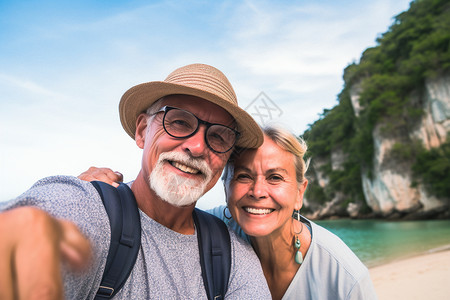 户外旅游拍照的老年夫妻背景图片