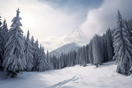 美丽的冬季雪山森林景观背景图片