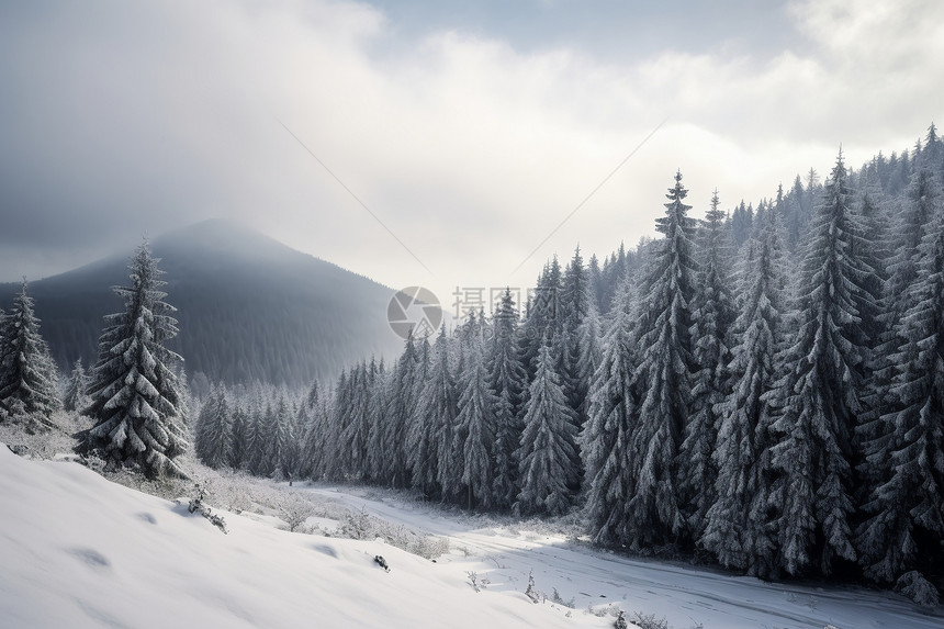 冬季白雪皑皑的森林景观图片