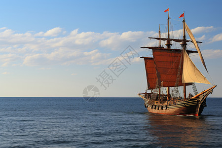 手绘木质帆船大海上的老式木质帆船背景