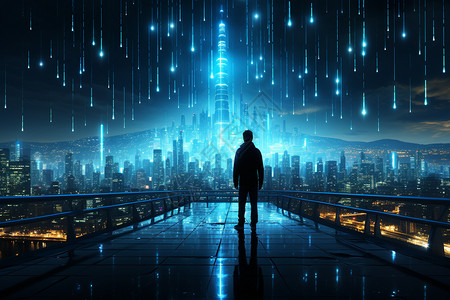 男子背影夜幕流星下的未来城市设计图片
