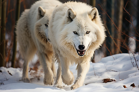 冬季正在觅食的白狼背景图片