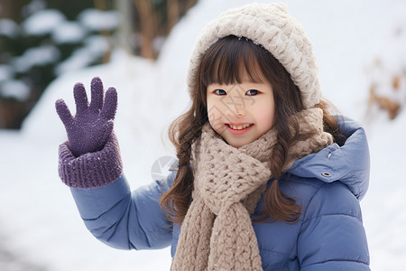 雪地里快乐招手的女孩图片