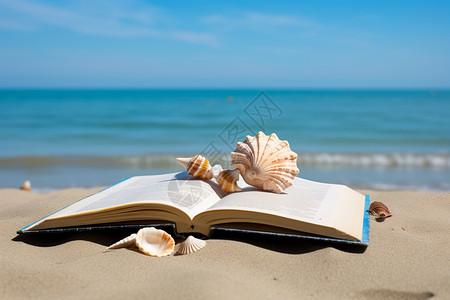 沙滩上翻开的书本图片