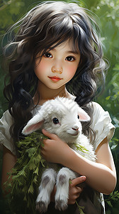 产地直发抱着羔羊的小女孩插画