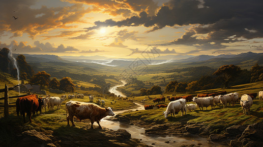 风吹草地见牛羊晨光下的畜牧业插画