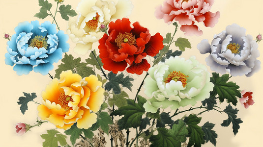 五种颜色的牡丹花图片