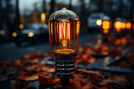 秋季街道旁发光的灯泡设计图片