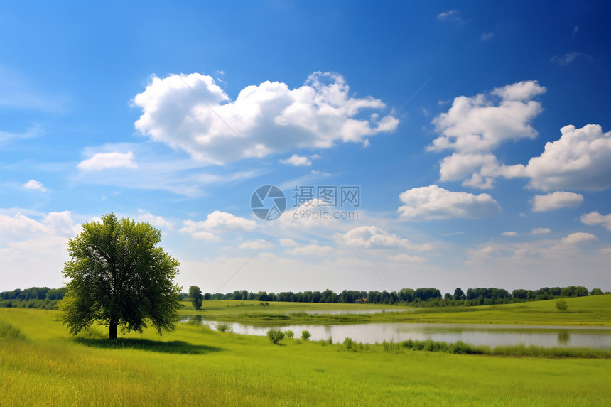 野外静谧的草地湖泊景观图片