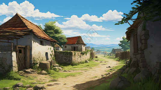 建筑物的外部拍摄古老村庄的建筑插画