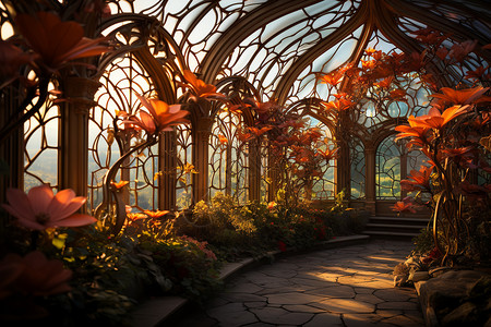 橘园开满鲜花的欧式城堡内部插画