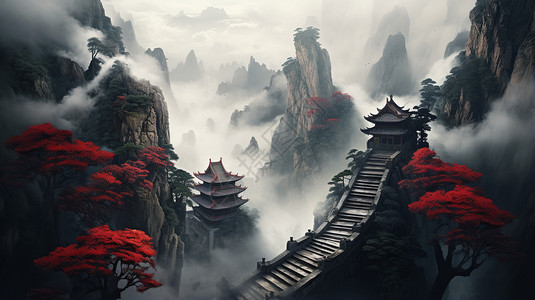 中国上下五千年雾气围绕的山巅国风插画插画