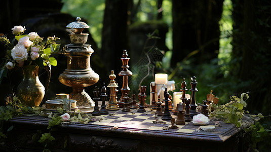 夏季山林间的国际象棋背景图片