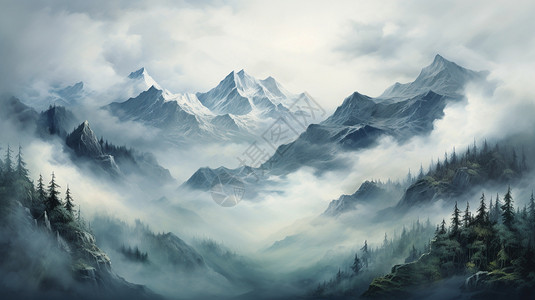 雾气弥漫的山脉插图背景图片