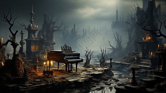 末日世界中的钢琴背景图片