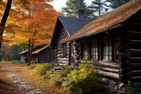 秋天林间的小木屋图片