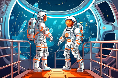 卡通风格航天站的宇航员插图背景图片