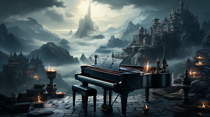 末日山中城堡旁的钢琴图片