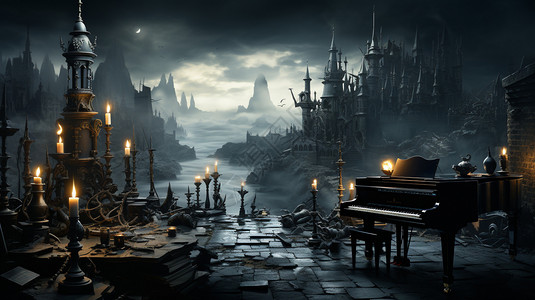 废墟城市中的钢琴背景图片