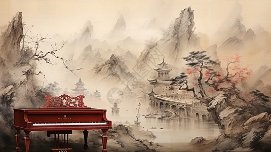 古典插图国风山水水墨画中的钢琴设计图片